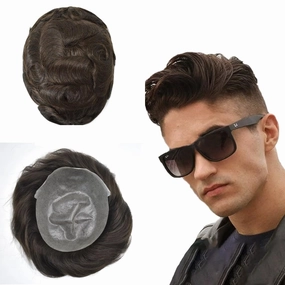 0.08mm Thin Skin Toupee for Men Replacement System, #2 Dark Brown V-looped Real Human Hair Men Hair Piece 8x10 Inch PU Base Mens Toupee 90% Light Density