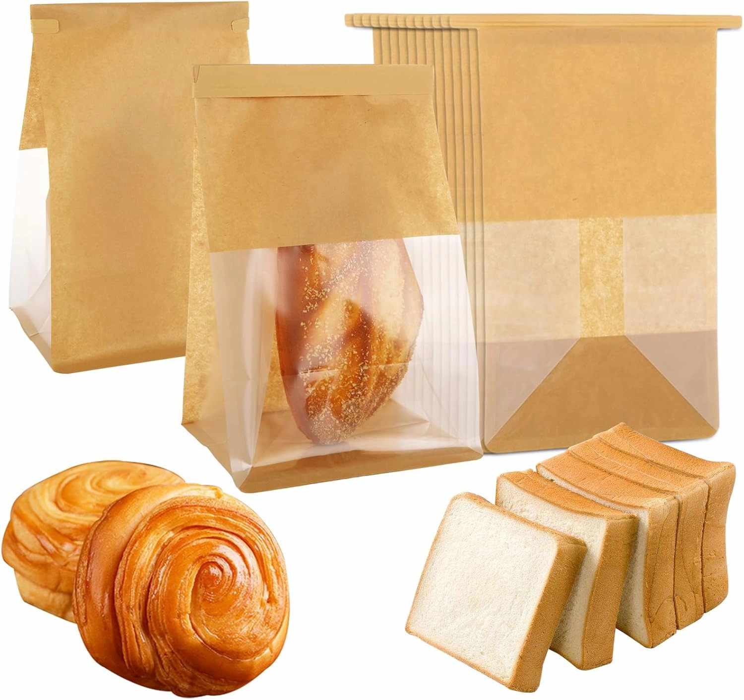 100 Pcs Kraft Paper Bags with Window, 6.3 x 10.2 x 5.1 Inch Tin Tie Tab Lock Coffee Food Candy Gift Packaging Brown Window Bread Bags