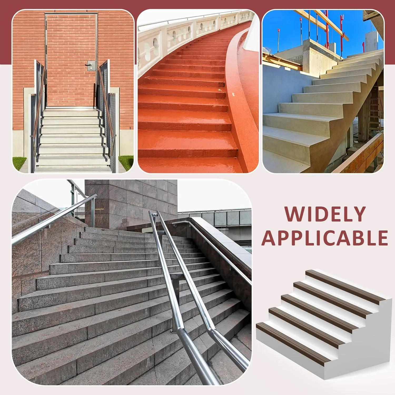 10FT Stair Nosing Rubber Edging, Non-Slip Self-Adhesive Staircase Step Edge Protector, Peel and Stick Vinyl Trim for Indoor and Outdoor Steps Stairs Non-Slip and Waterproof (Brown)