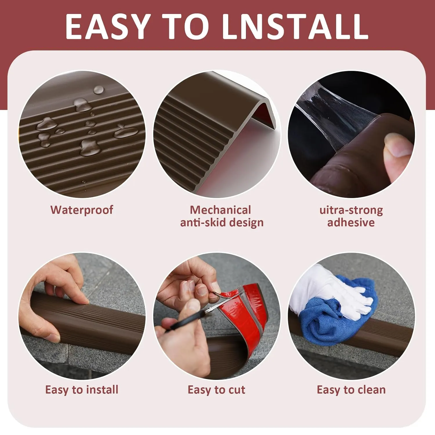 10FT Stair Nosing Rubber Edging, Non-Slip Self-Adhesive Staircase Step Edge Protector, Peel and Stick Vinyl Trim for Indoor and Outdoor Steps Stairs Non-Slip and Waterproof (Brown)