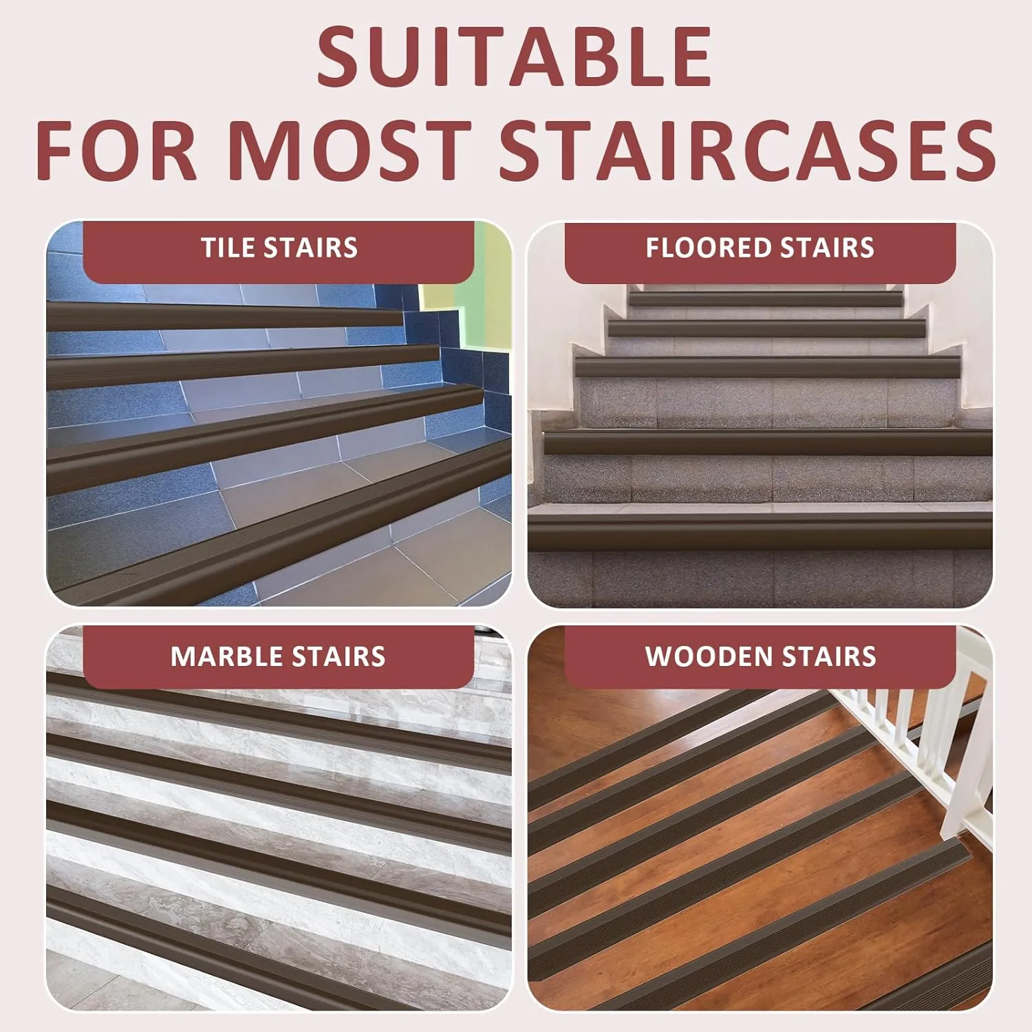 10FT Stair Nosing Rubber Edging, Non-Slip Self-Adhesive Staircase Step Edge Protector, Peel and Stick Vinyl Trim for Indoor and Outdoor Steps Stairs Non-Slip and Waterproof (Brown)