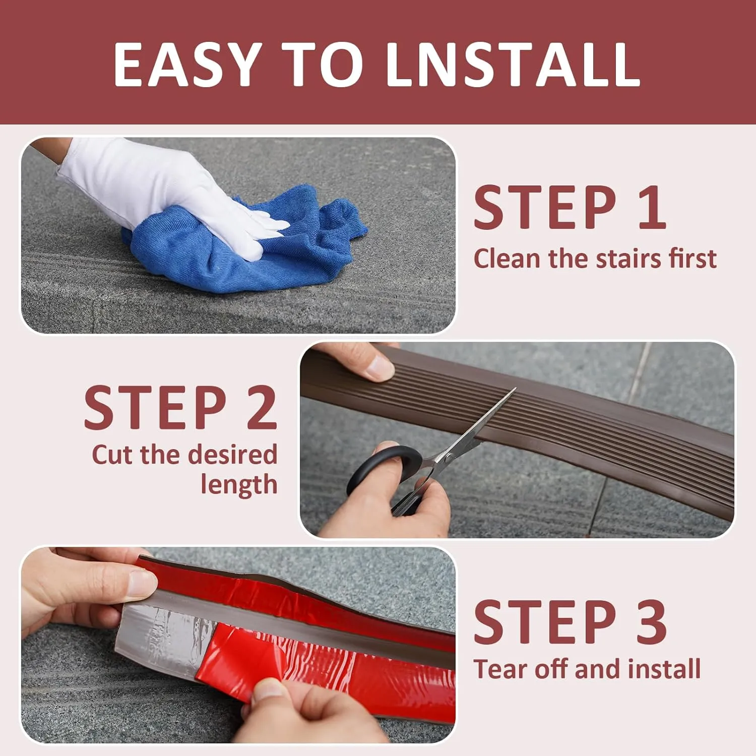 10FT Stair Nosing Rubber Edging, Non-Slip Self-Adhesive Staircase Step Edge Protector, Peel and Stick Vinyl Trim for Indoor and Outdoor Steps Stairs Non-Slip and Waterproof (Brown)
