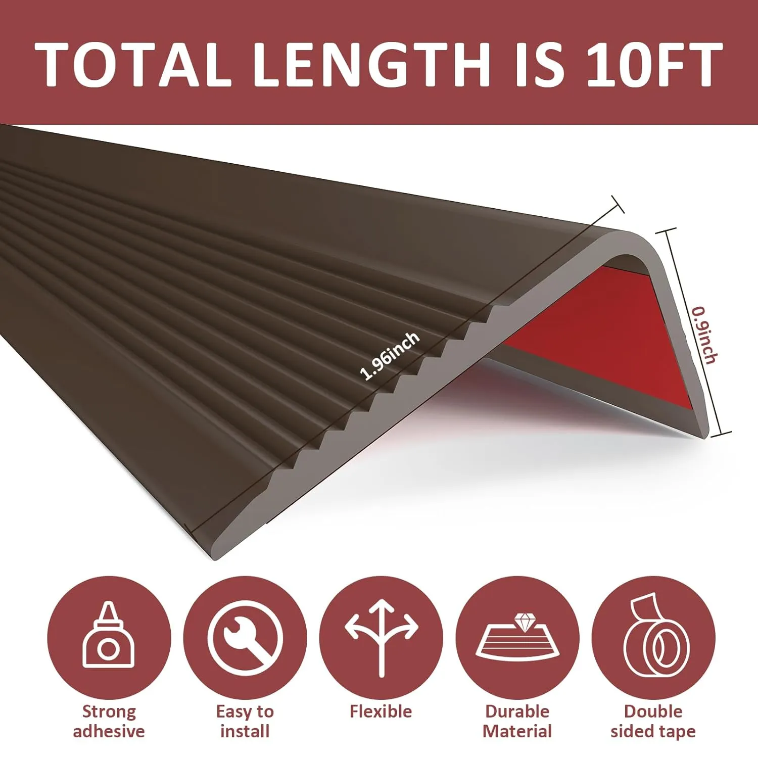 10FT Stair Nosing Rubber Edging, Non-Slip Self-Adhesive Staircase Step Edge Protector, Peel and Stick Vinyl Trim for Indoor and Outdoor Steps Stairs Non-Slip and Waterproof (Brown)