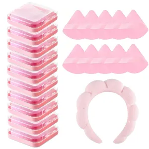 10Pcs Triangle Powder Puff with 10 Travel Cases, Setting Powder Puffs for Face Powder and Foundation, Makeup Puff for Loose Powder Body Powder, 1pc Beauty Makeup Tools Velvet Makeup Headband
