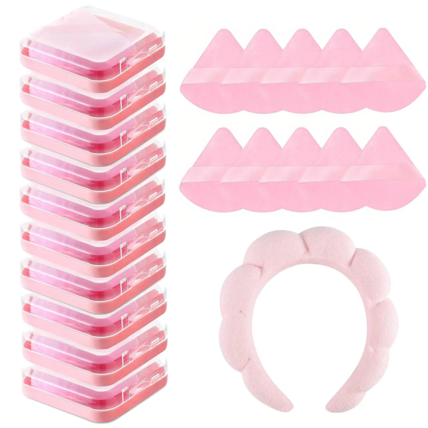 10Pcs Triangle Powder Puff with 10 Travel Cases, Setting Powder Puffs for Face Powder and Foundation, Makeup Puff for Loose Powder Body Powder, 1pc Beauty Makeup Tools Velvet Makeup Headband