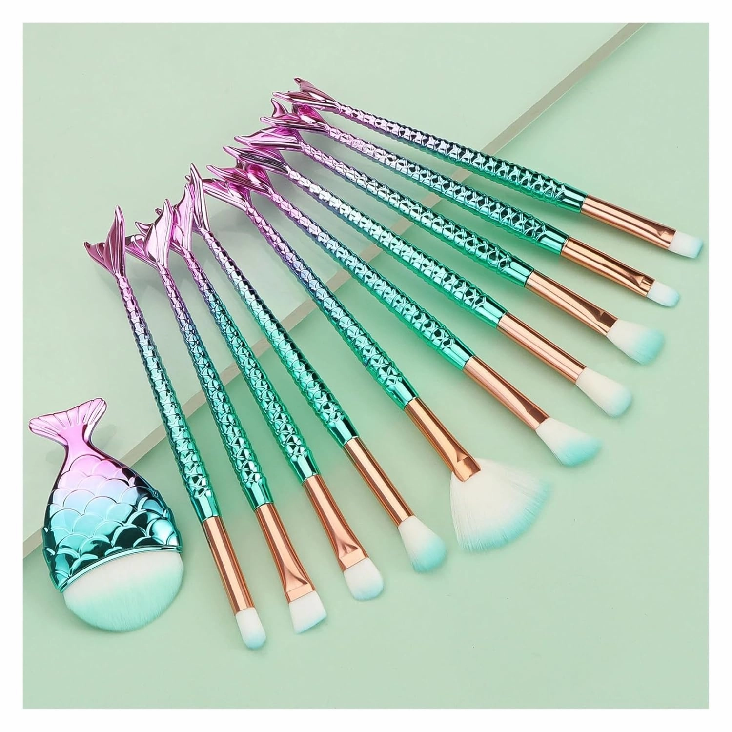 11 pcs mermaid makeup brushes, fish tail makeup brush set, beauty tools(Purple green)