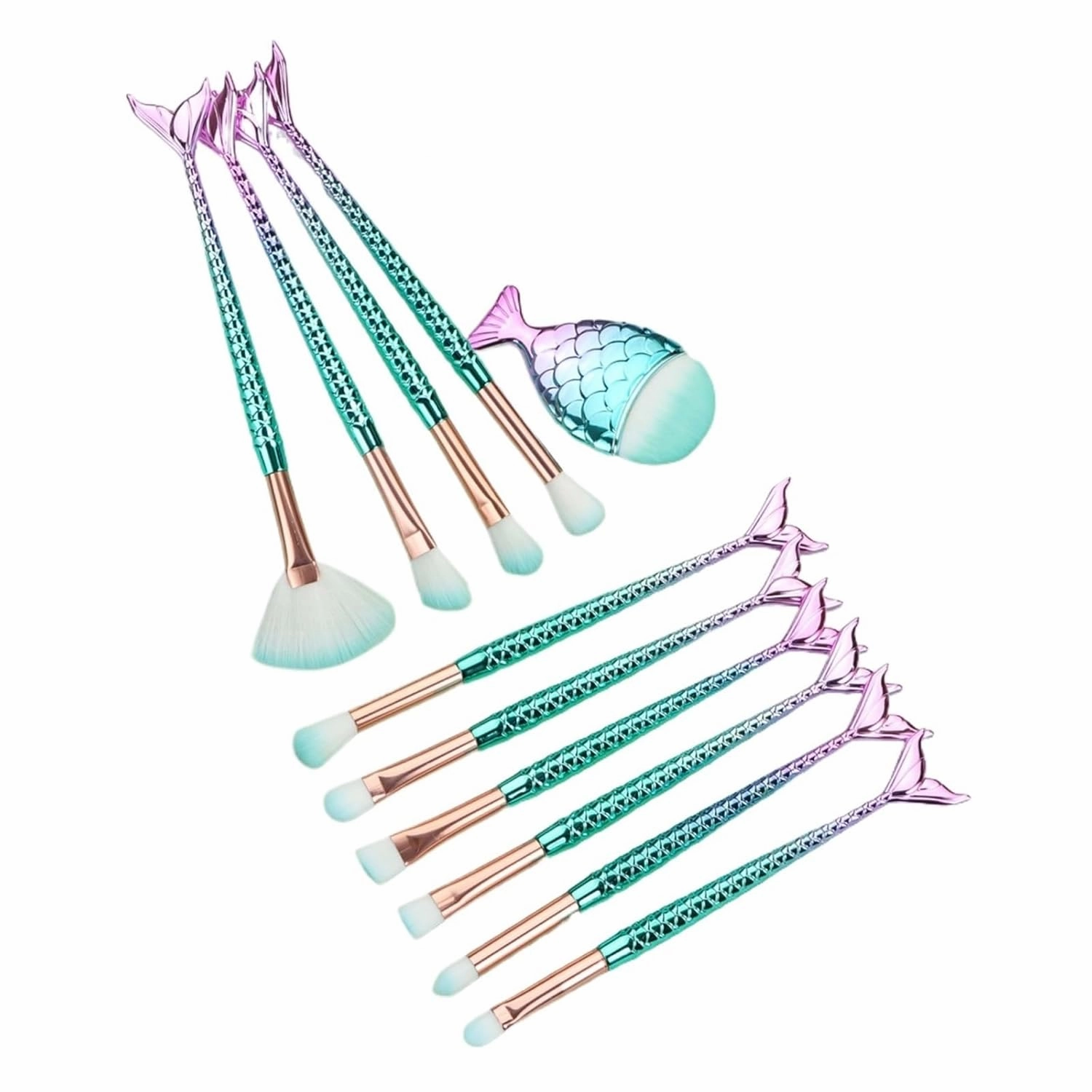 11 pcs mermaid makeup brushes, fish tail makeup brush set, beauty tools(Purple green)