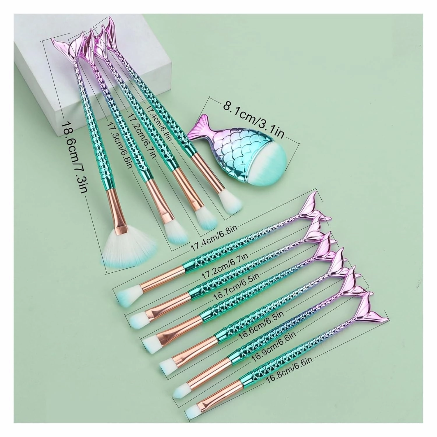 11 pcs mermaid makeup brushes, fish tail makeup brush set, beauty tools(Purple green)
