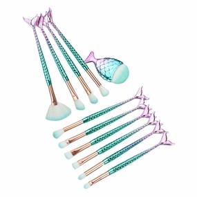 11 pcs mermaid makeup brushes, fish tail makeup brush set, beauty tools(Purple green)