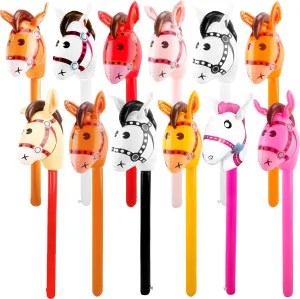 12 Pack 40 Inch Inflatable Stick Horse Colorful Blow Up Horse Head Stick Cute Blow Up Pony Stick Inflatable Horsehead Stick Balloon for West Cowboy Themed Birthday Party, 12 Colors