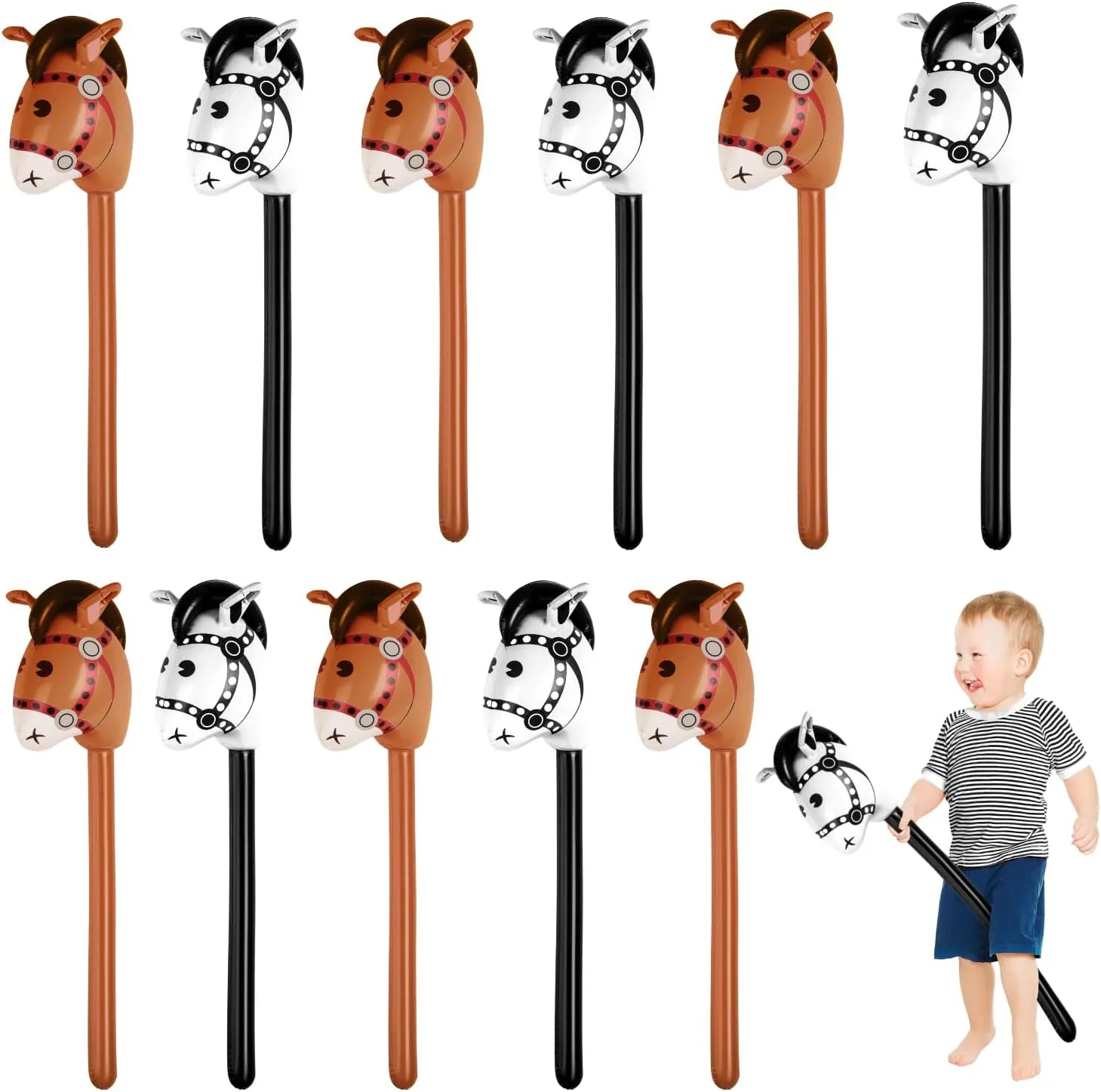 12pcs Inflatable Balloon Horse, Horse Head Stick Toy for Theme Birthday Party Home Decoration Supply (Black, Brown)