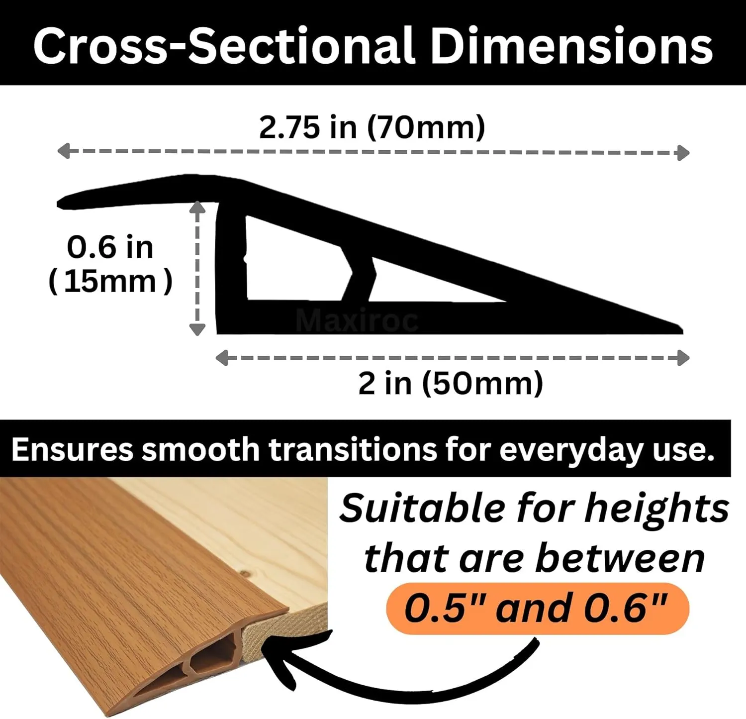 1/2" to 3/5" Height Threshold Ramp - Rubber Threshold, Floor Transition Strip, Door Strip, Wheelchair Ramp, Carpet to Tile Strip (Light Brown Coffee, 40 inches)