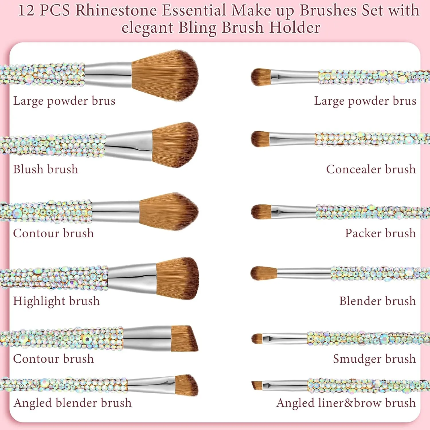 13 Pieces Rhinestone Makeup Brushes Set Bling Crystal Professional Face Cosmetics Blending Liquid Foundation Powder Concealer Eye Shadows Make up Beauty Tool Glitter with Holder (Silver, Yellow)