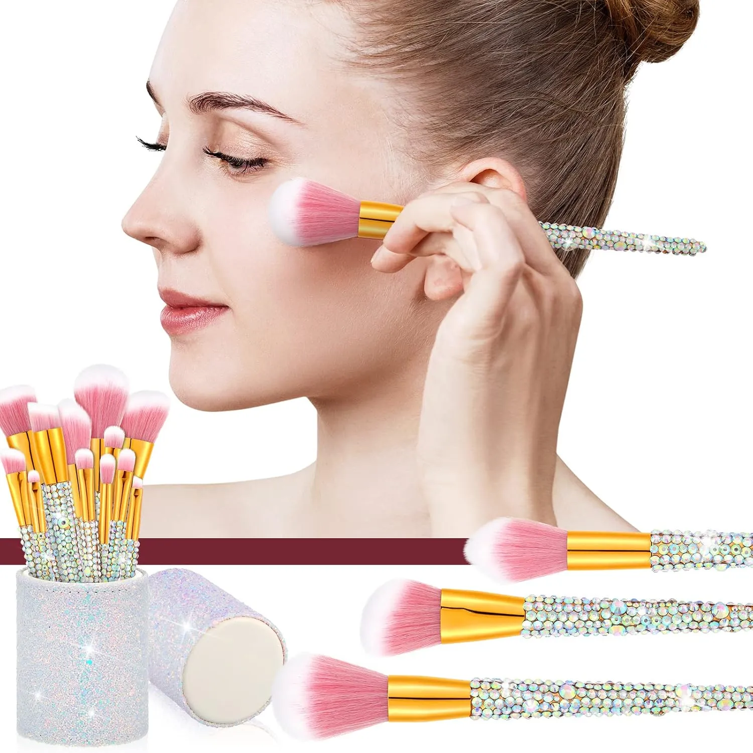 13 Pieces Rhinestone Makeup Brushes Set Bling Crystal Professional Face Cosmetics Blending Liquid Foundation Powder Concealer Eye Shadows Make up Beauty Tool Glitter with Holder (Silver)