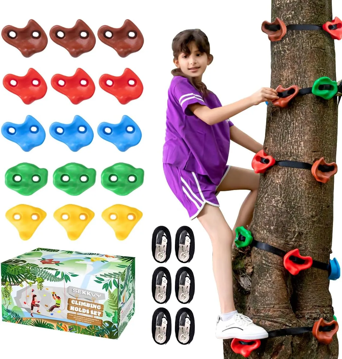 15PCS Ninja Tree Climbing Holds and 6 Sturdy Ratchet Straps for Kids Tree Climbing, Large Climbing Grips for Outdoor Ninja Warrior Obstacle Course Training