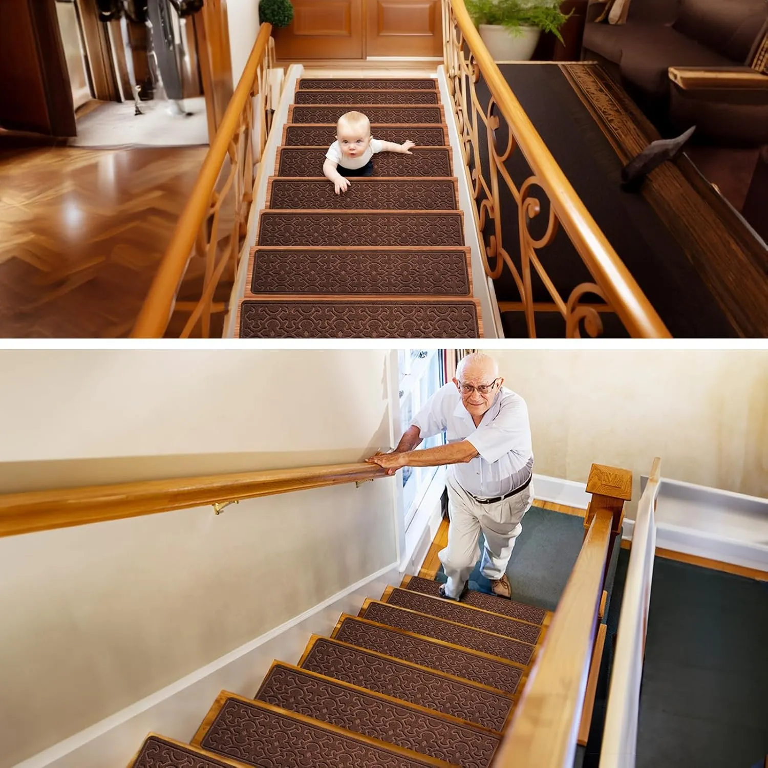 15Pcs Stair Treads for Wooden Steps Indoor with Self Adhesive, 8"x30" Non Slip Stair Runners-Peel & Stick Indoor Stair Carpet Runner, Resistant Indoor Runner for Kids、Elders and Pets, Brown