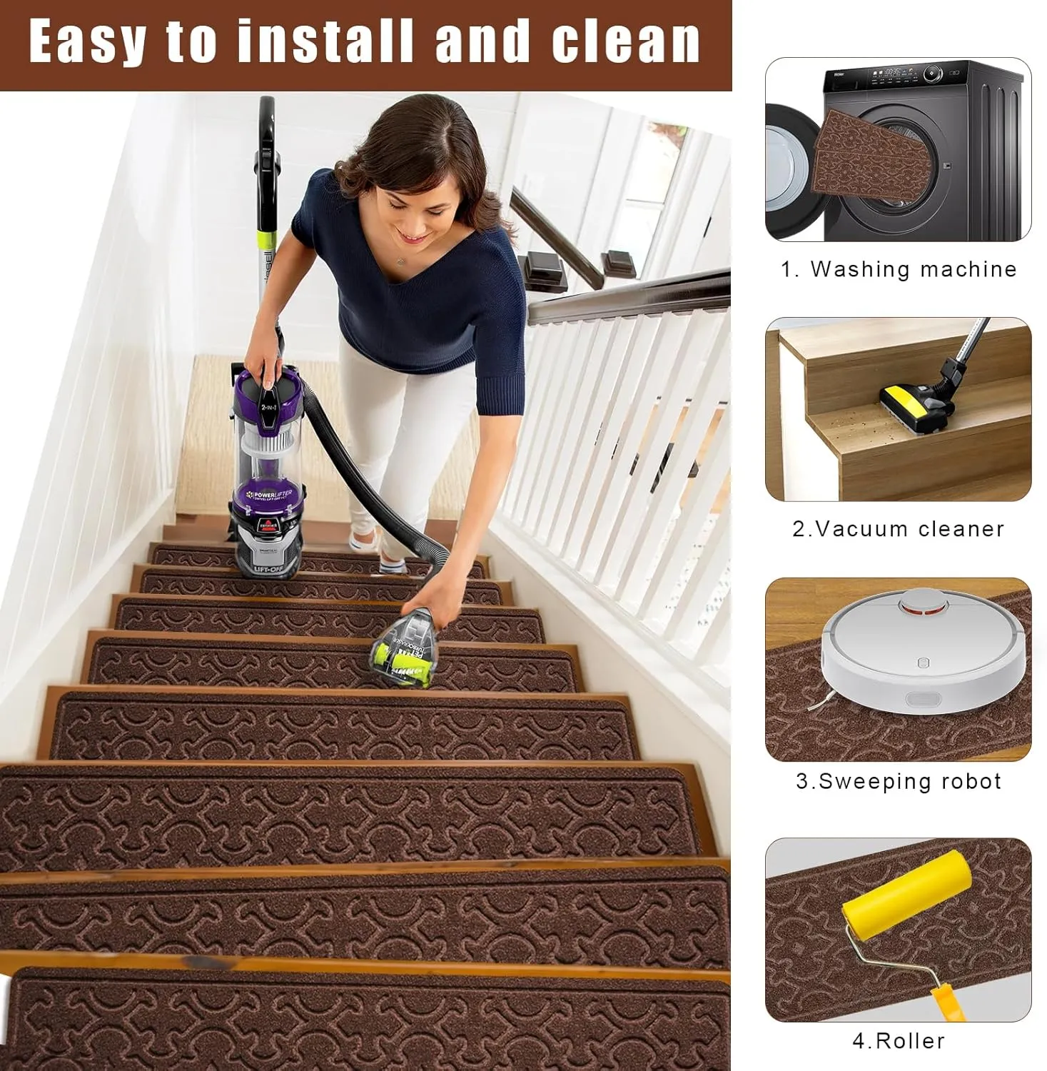 15Pcs Stair Treads for Wooden Steps Indoor with Self Adhesive, 8"x30" Non Slip Stair Runners-Peel & Stick Indoor Stair Carpet Runner, Resistant Indoor Runner for Kids、Elders and Pets, Brown