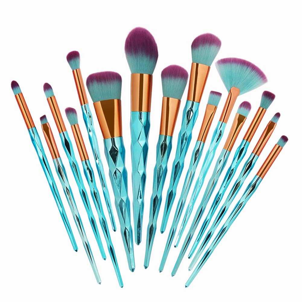 15pcs Makeup Brushes Set,Diamond Handle Cosmetic Brushes Kit For Powder Liquid Foundation Blush Eye Shadow (green)