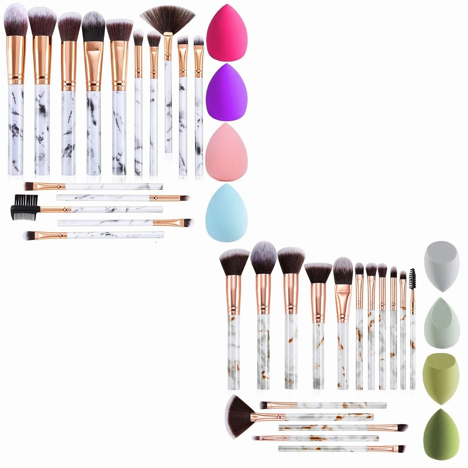 15Pcs Marble Makeup Brushes with 4Pcs Foundation Makeup Sponges, 2 Set (Grey and Green)