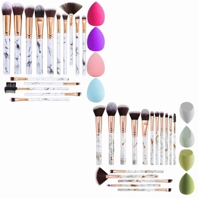 15Pcs Marble Makeup Brushes with 4Pcs Foundation Makeup Sponges, 2 Set (Grey and Green)