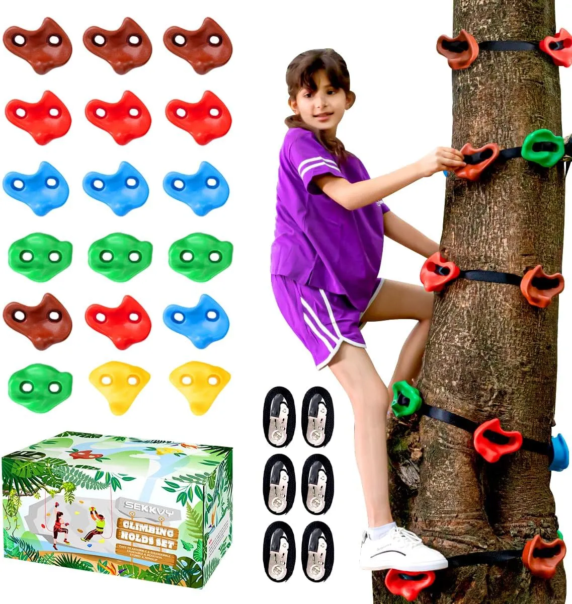 18PCS Ninja Tree Climbing Holds and 6 Sturdy Ratchet Straps for Kids Tree Climbing, Large Climbing Rocks for Outdoor Ninja Warrior Obstacle Course Training