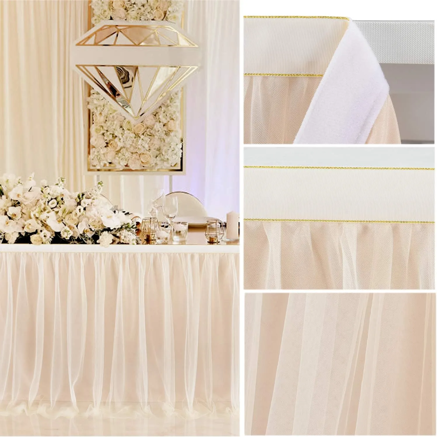 2 Pack 6ft Champagne Tulle Table Skirts for Birthday Party Wedding Reception Champagne Tutu Table Cloths for Parties Baby Shower Dessert Cake Table Decor