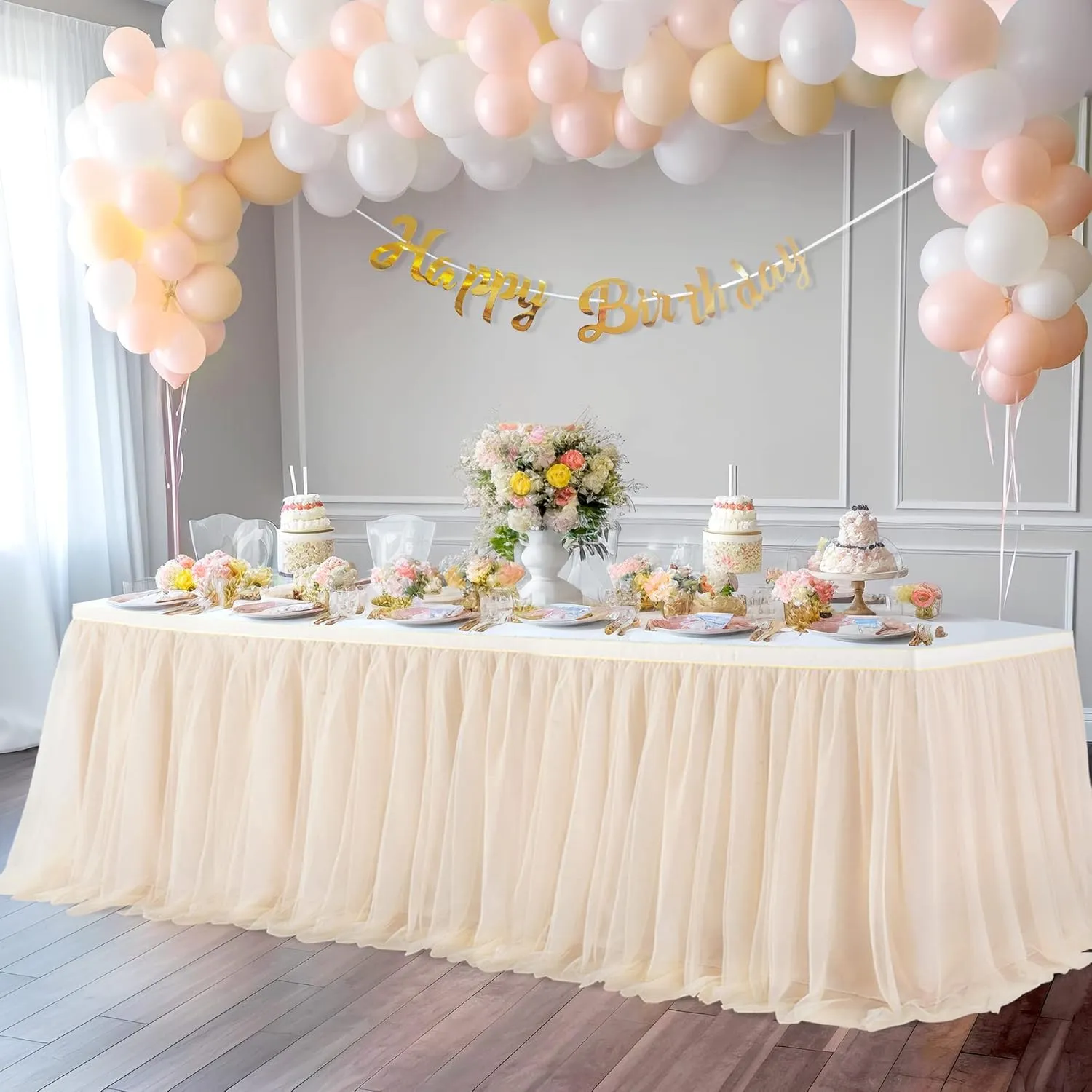 2 Pack 6ft Champagne Tulle Table Skirts for Birthday Party Wedding Reception Champagne Tutu Table Cloths for Parties Baby Shower Dessert Cake Table Decor