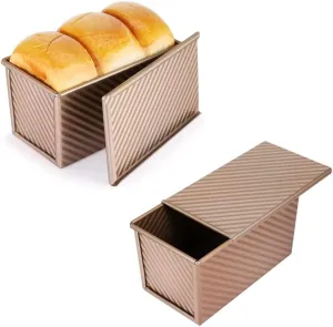 2-Pack Loaf Pan with Lid, 1 lb Non-Stick Toast Mold, Carbon Steel Corrugated Bread Box Mold for Baking, Cakes, Meatloaf (Champagne Gold)