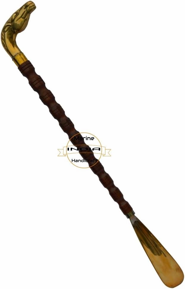 21" Long Wooden Stick Cane Shoe Horn Lifter Python Shape Shiny Brass Handle with Brass Spoon