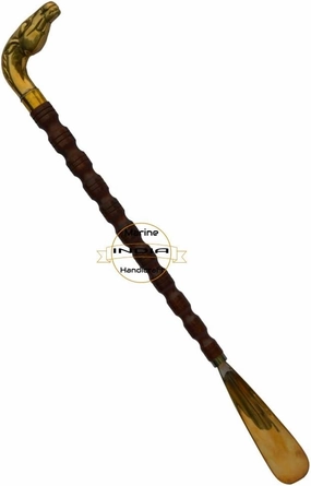 21" Long Wooden Stick Cane Shoe Horn Lifter Python Shape Shiny Brass Handle with Brass Spoon