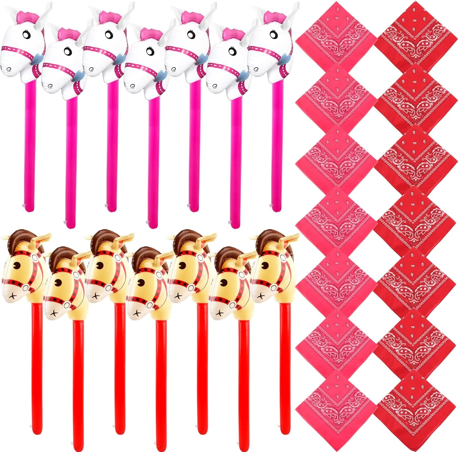 28 Pack Inflatable Stick Horse and Paisley Bandanas Blow Up Horse Head Stick Inflatable Pony Horse head Stick Balloon West Cowboy Birthday Themed Party