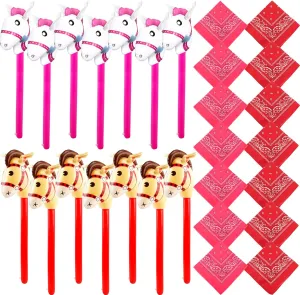 28 Pack Inflatable Stick Horse and Paisley Bandanas Blow Up Horse Head Stick Inflatable Pony Horse head Stick Balloon West Cowboy Birthday Themed Party