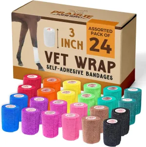 3 Inch Vet Wrap Tape Bulk (Assorted Colors) (Pack of 24) Self Adhesive Adherent Adhering Flex Bandage Grip Roll for Dog Cat Pet Horse