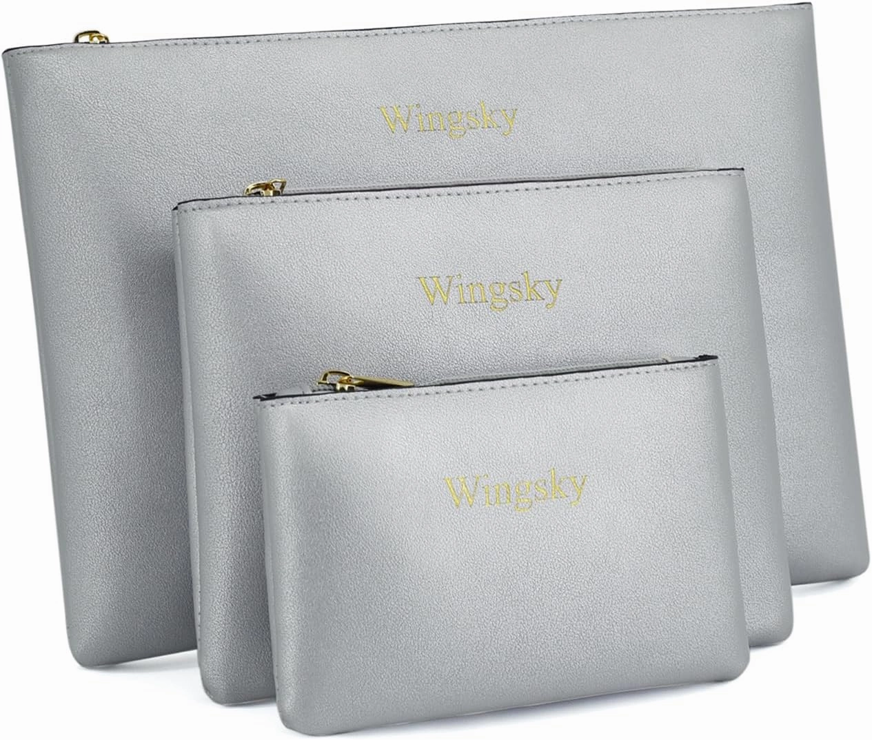 3 Pack Makeup Bag for Purse, Vegan Leather, Travel Makeup Pouch Cosmetic Bag Zipper Pouch Bags,Travel Toiletry Bags for Women (A Silver, 12.6x9 inch)