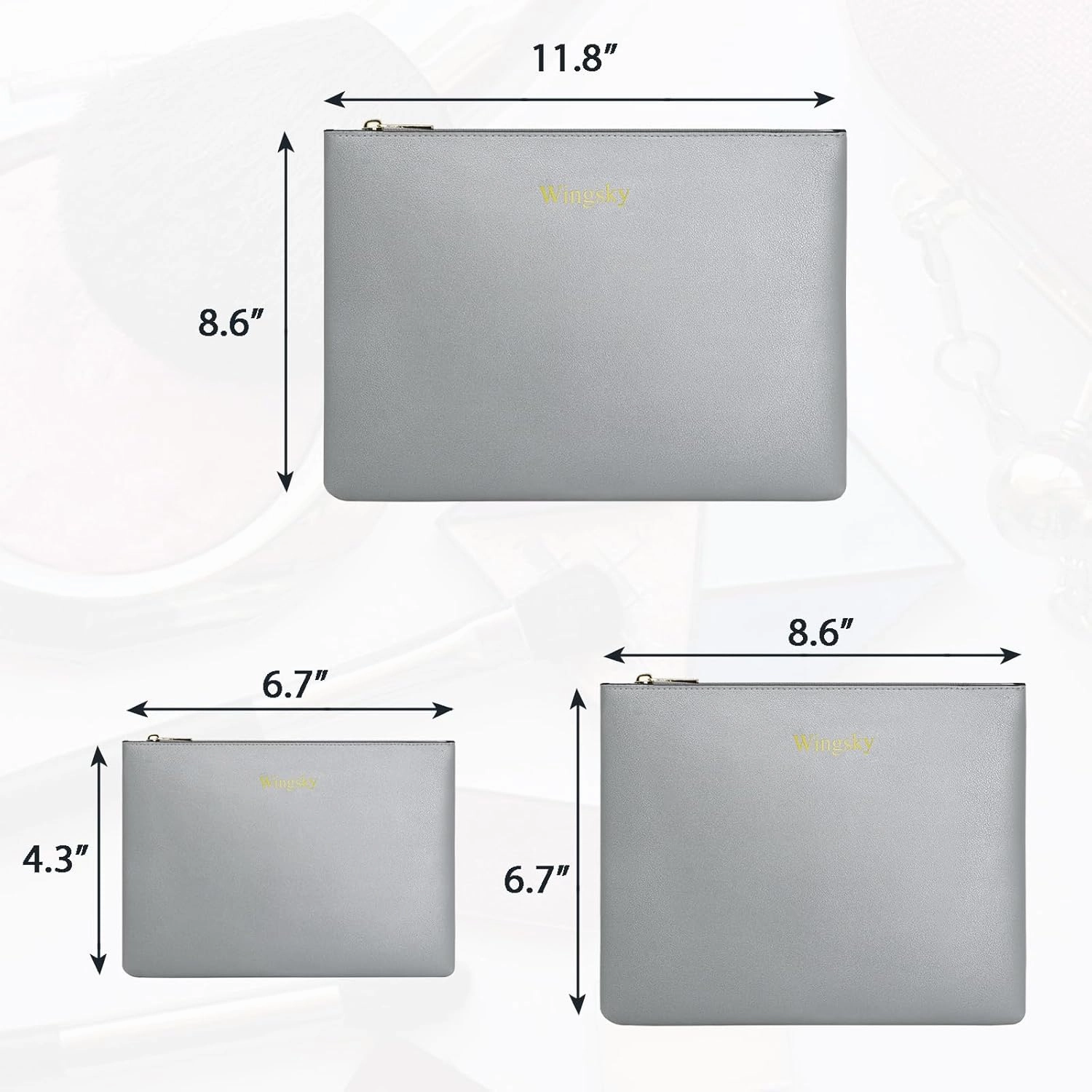 3 Pack Makeup Bag for Purse, Vegan Leather, Travel Makeup Pouch Cosmetic Bag Zipper Pouch Bags,Travel Toiletry Bags for Women (A Silver, 12.6x9 inch)