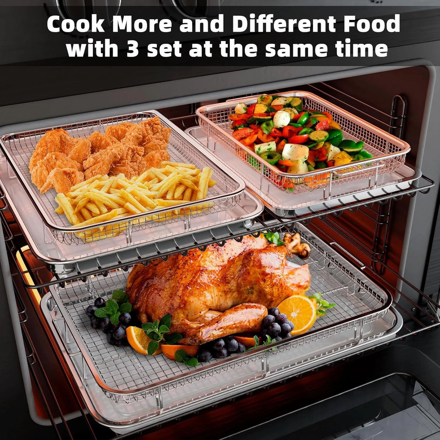 3 Set Air Fryer Basket, Air Fryer Pans and Tray for Oven with 90 PCS Parchment Papers, DEGOVIN Non-stick Stainless Steel Oven Air Fryer Basket and Tray-18.8" x 12.8" &15.7" x 11.6" & 12.8" x 8.9"