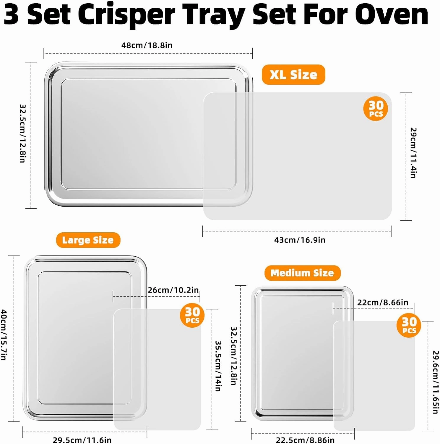 3 Set Air Fryer Basket, Air Fryer Pans and Tray for Oven with 90 PCS Parchment Papers, DEGOVIN Non-stick Stainless Steel Oven Air Fryer Basket and Tray-18.8" x 12.8" &15.7" x 11.6" & 12.8" x 8.9"