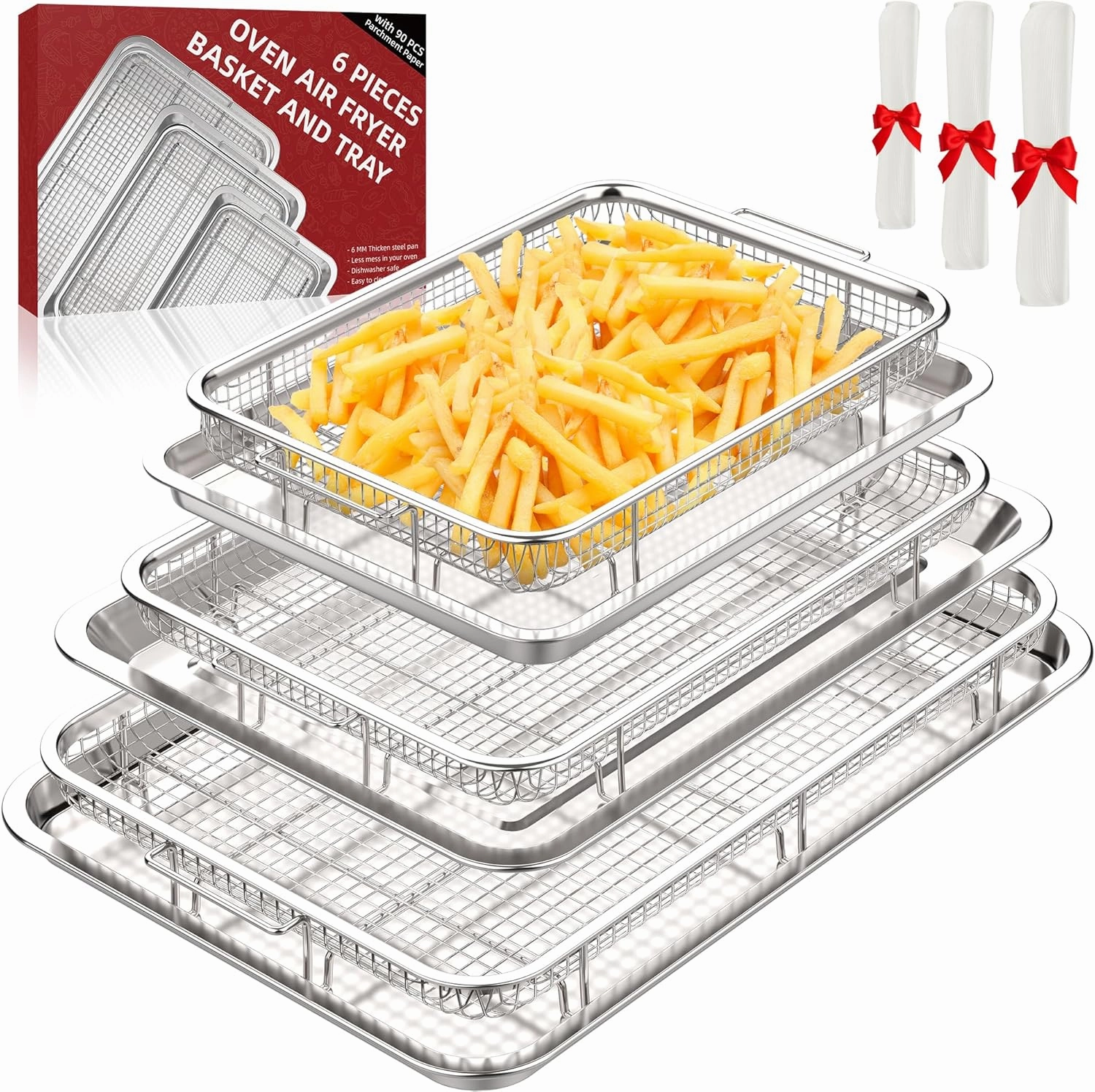 3 Set Air Fryer Basket, Air Fryer Pans and Tray for Oven with 90 PCS Parchment Papers, DEGOVIN Non-stick Stainless Steel Oven Air Fryer Basket and Tray-18.8" x 12.8" &15.7" x 11.6" & 12.8" x 8.9"