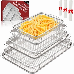 3 Set Air Fryer Basket, Air Fryer Pans and Tray for Oven with 90 PCS Parchment Papers, DEGOVIN Non-stick Stainless Steel Oven Air Fryer Basket and Tray-18.8" x 12.8" &15.7" x 11.6" & 12.8" x 8.9"