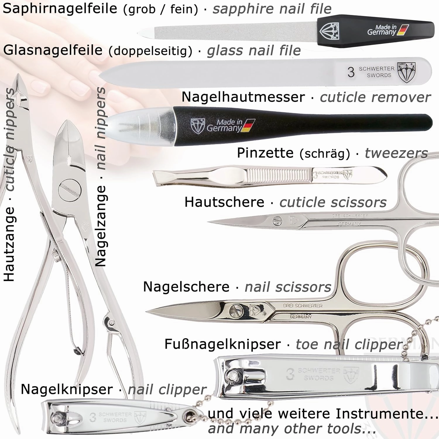 3 Swords Germany - brand quality 16 piece manicure pedicure grooming kit set for professional finger & toe nail care scissors clipper synthetic leather case, Made in Germany