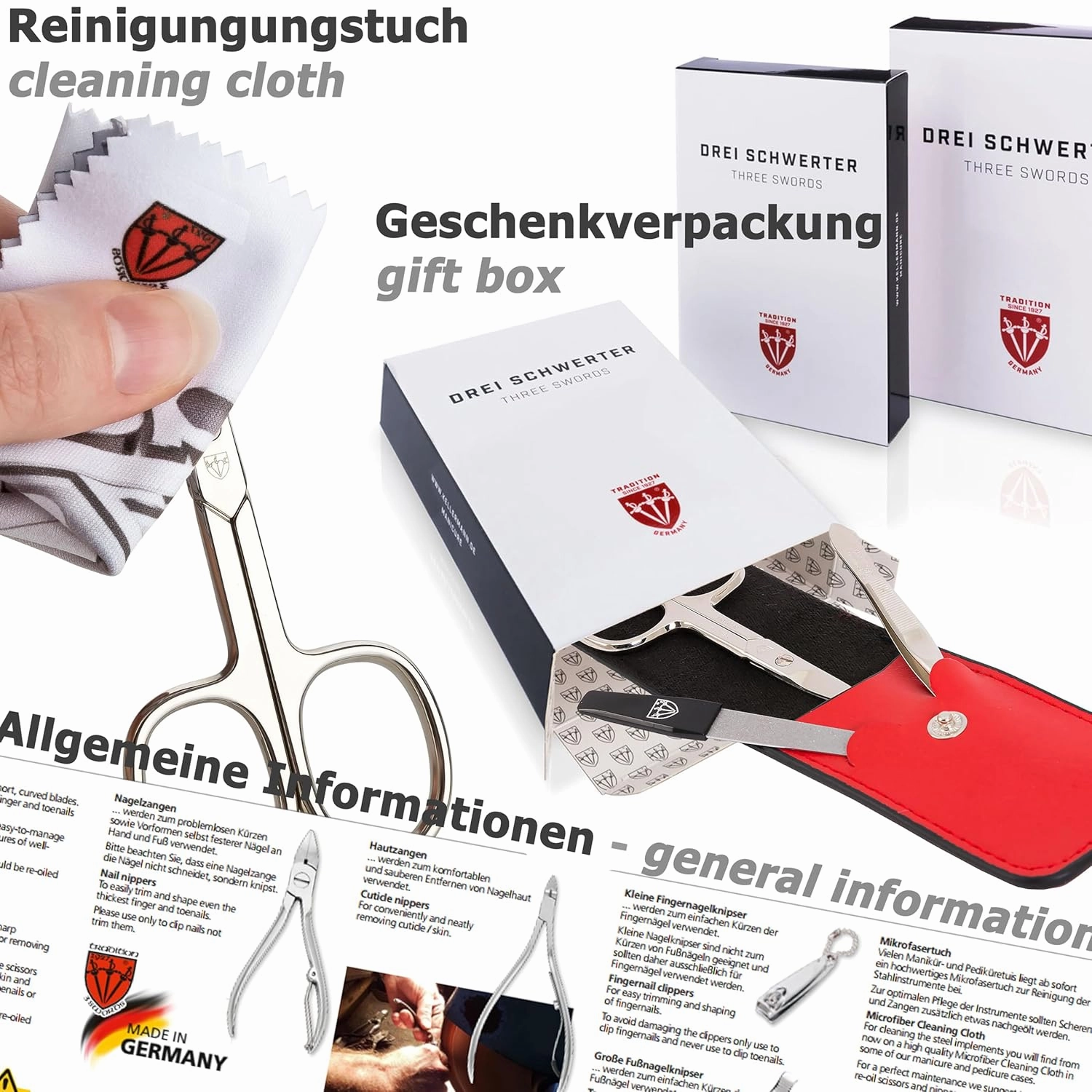 3 Swords Germany - brand quality 16 piece manicure pedicure grooming kit set for professional finger & toe nail care scissors clipper synthetic leather case, Made in Germany