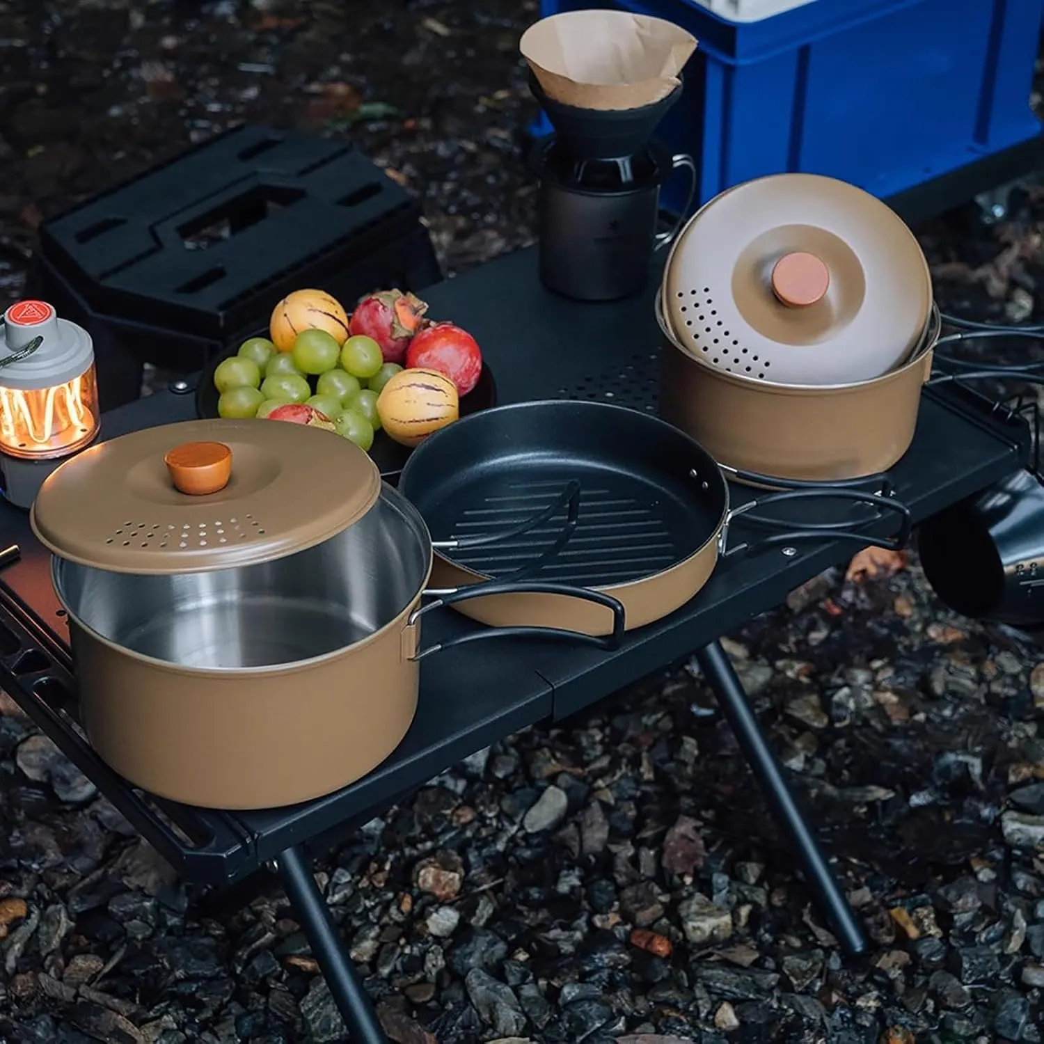 3pcs Camping Cookware, Stainless Steel Camping Pot and Non-Stick Pan, Set with Foldable Handle, for Hiking, Outdoor Cooking and Picnic(Brown)