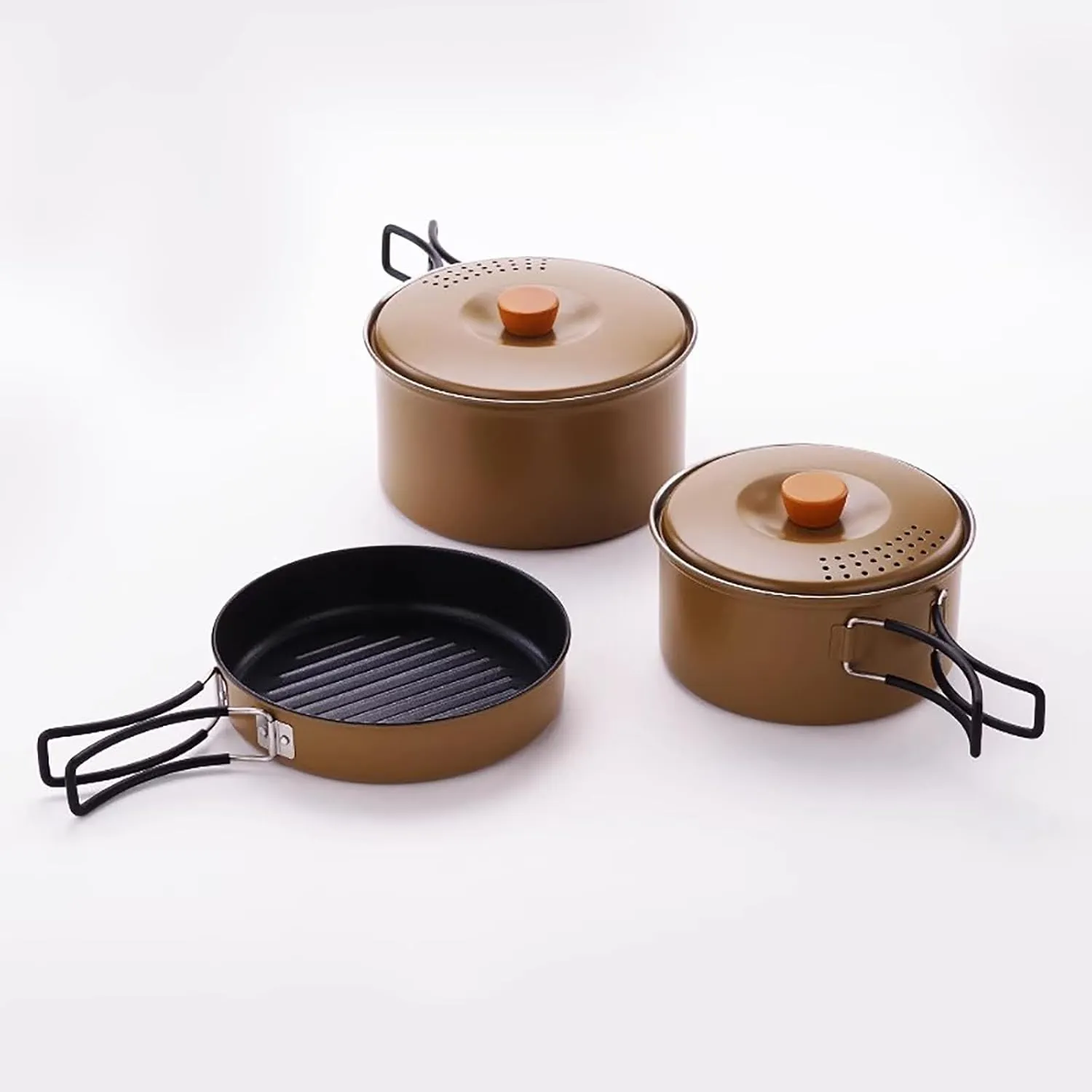 3pcs Camping Cookware, Stainless Steel Camping Pot and Non-Stick Pan, Set with Foldable Handle, for Hiking, Outdoor Cooking and Picnic(Brown)