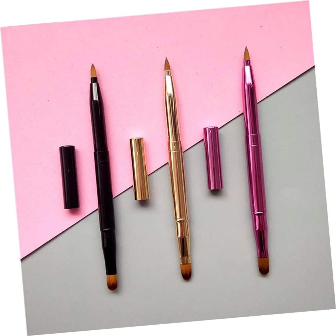 3sets Double Ended Lip Brush Set Retractable Lipstick Liner Lip Gloss Applicator Makeup Brush Portable and Easy to Clean 3pcs*3