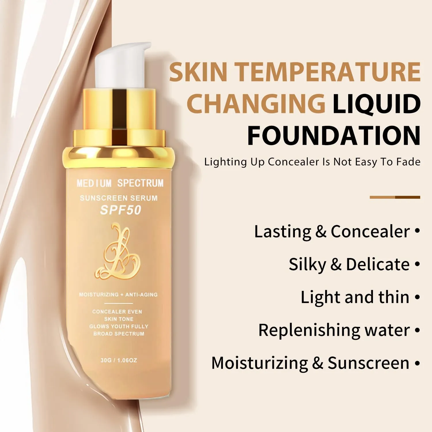 4-in-1 Magic Foundation Light/Medium Spectrum Full Coverage Lotion, Match Skin Color Changed, SPF 50 , 4 1 Foundation Hydrating Concealer Waterproof Korean Makeup(Medium, Spectrum)