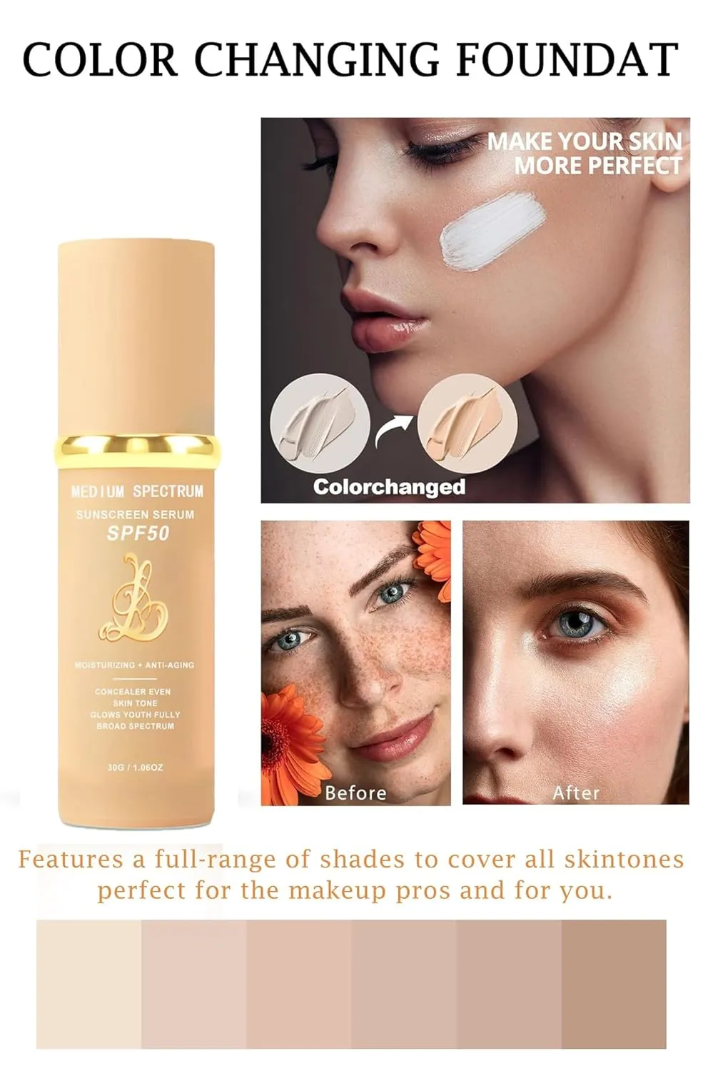 4-in-1 Magic Foundation Light/Medium Spectrum Full Coverage Lotion, Match Skin Color Changed, SPF 50 , 4 1 Foundation Hydrating Concealer Waterproof Korean Makeup(Medium, Spectrum)