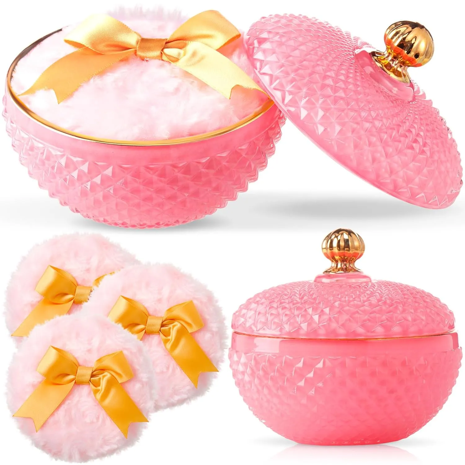 4 Pcs Pink Large Body Powder Puff and Container for Body with Crystal Container Fluffy Soft Washable Face Glitter Powder Puff Puffs for Wet Dry
