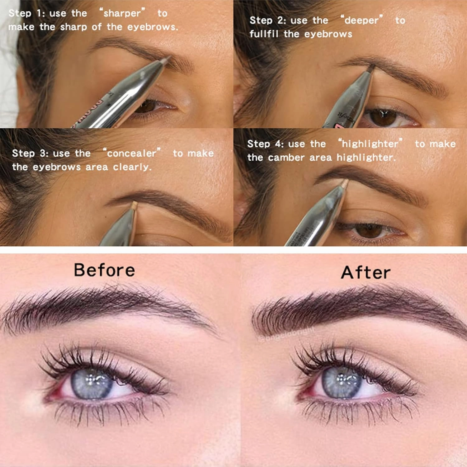 4-in-1 Defining & Highlighting Brow Pencil, Brow Contour Pro, 4 in 1 Brow Contour Highlight Pen (2pcs,2# Medium)