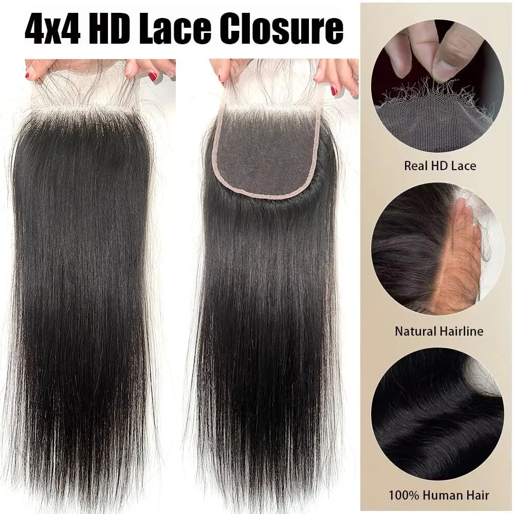 4X4 Straight HD Lace Closure Human Hair Extensions 12A Brazilian Virgin Remy 100% Unprocessed Human Hair Frontal Free Part Closure Only Pre Plucked With Baby Hair Natural Black 14 Inch