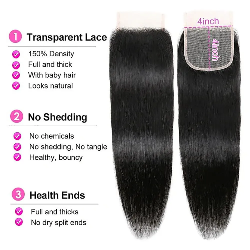 4X4 Straight HD Lace Closure Human Hair Extensions 12A Brazilian Virgin Remy 100% Unprocessed Human Hair Frontal Free Part Closure Only Pre Plucked With Baby Hair Natural Black 14 Inch